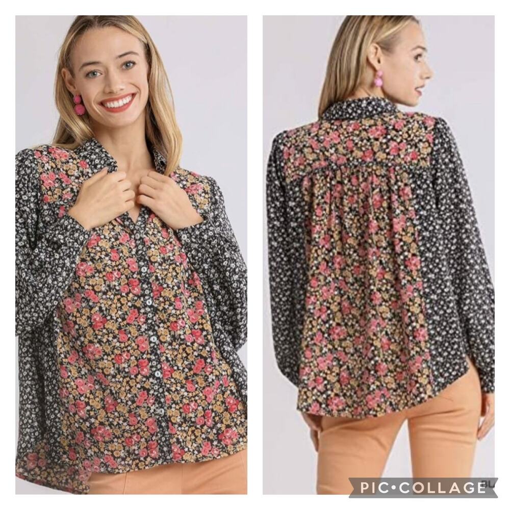 Umgee Mixed Floral Button Up Blouse Boho Cottage Girly Size XL